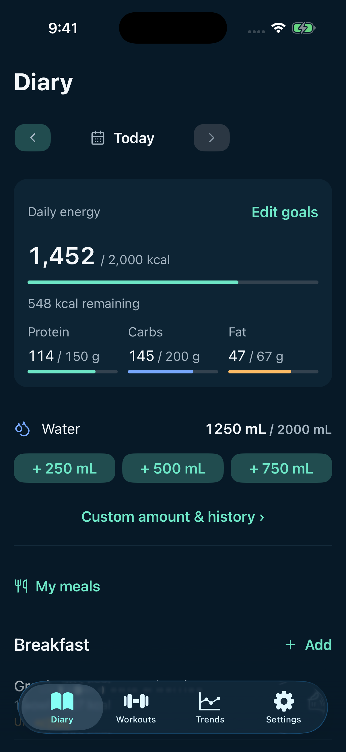 Gramello food diary in the iOS app, showing daily nutrition totals and macro goals with sample data
