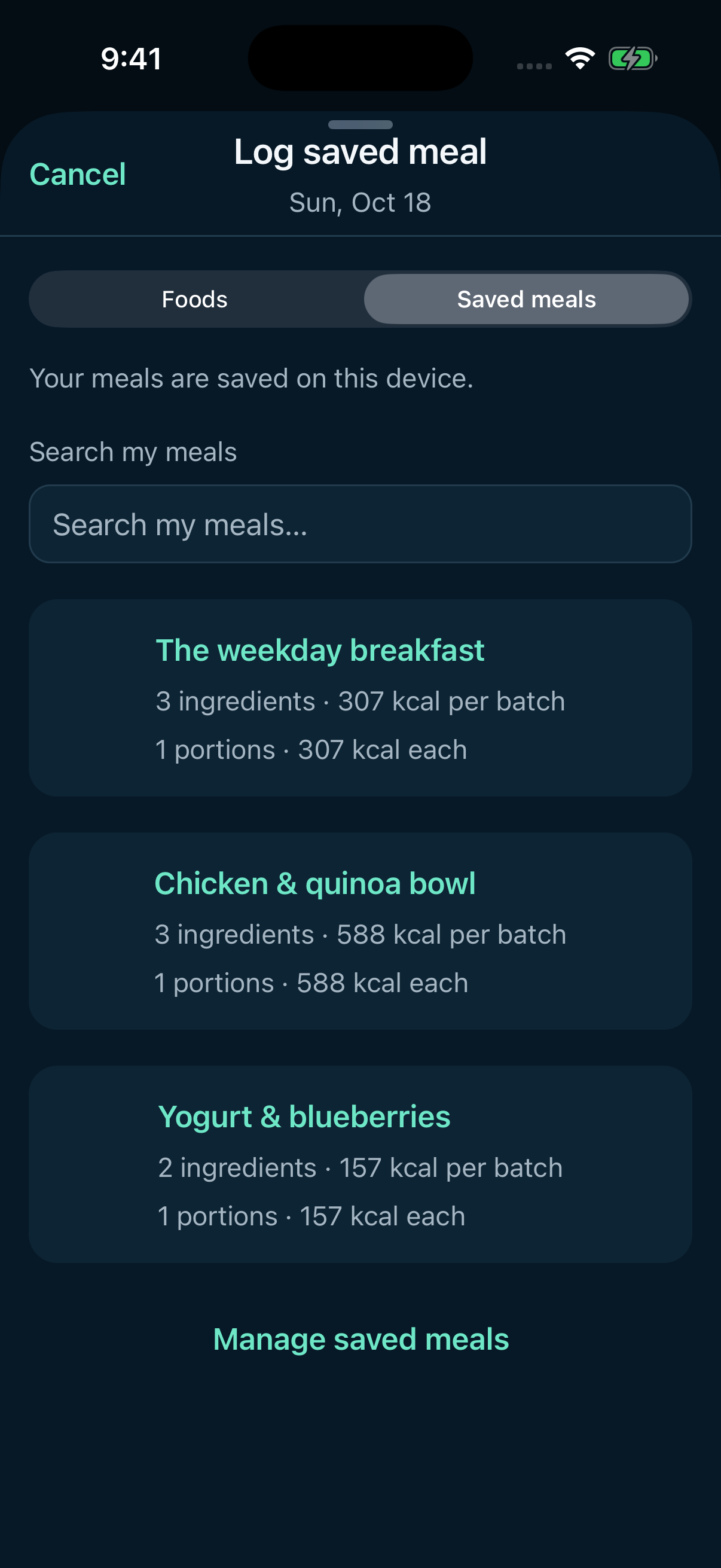 Gramello saved meals in the iOS app, showing reusable meals and their nutrition with sample data