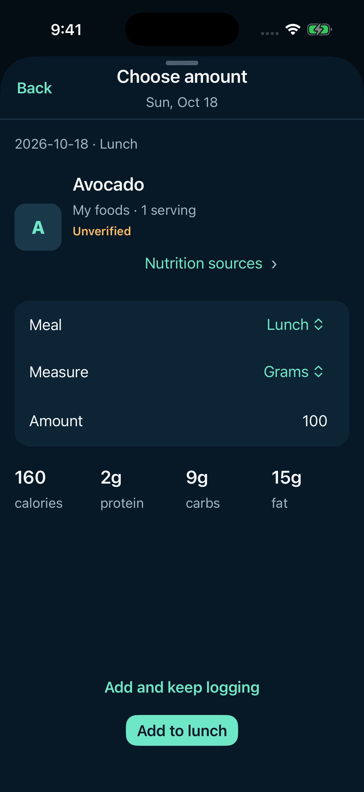 Gramello portion editor in the iOS app, showing an amount, unit options, and calculated nutrition for a sample food